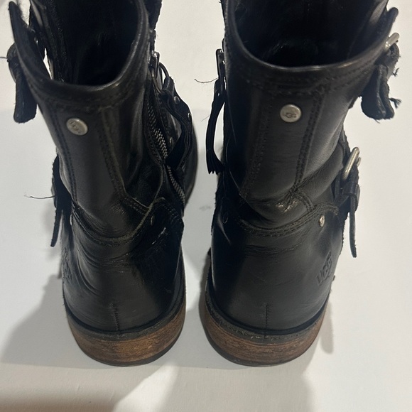 UGG Black Leather Fabrizia biker ankle booties side zipper 2 side belt buckles - Picture 4 of 16